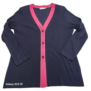 Misook Ribbed Cardigan Sweater Navy Pink Trim Button Front 
Women's XL est.